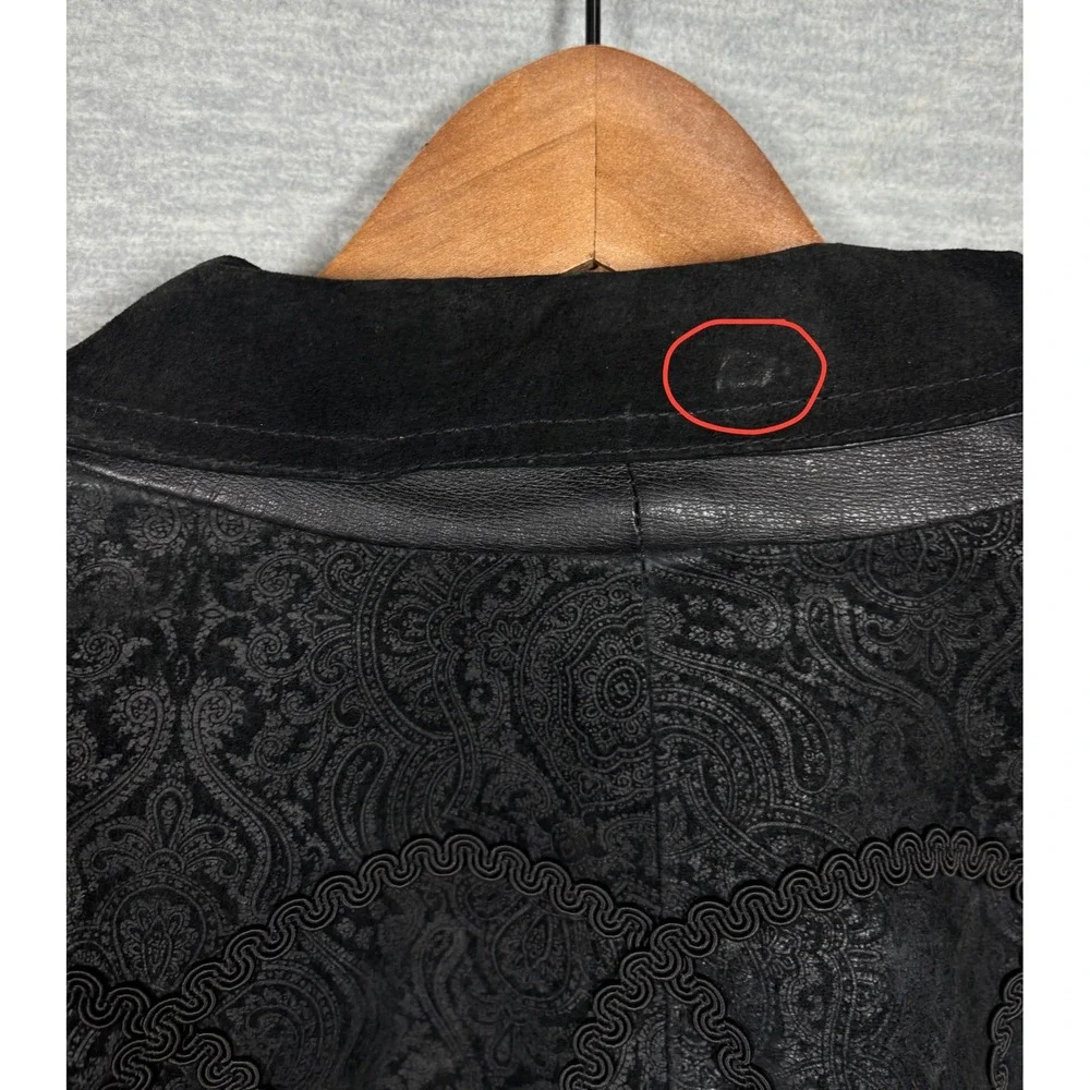 Vtg G-III Black Leather Coat‎ Womens M Suede Paisley Trench Duster Jacket